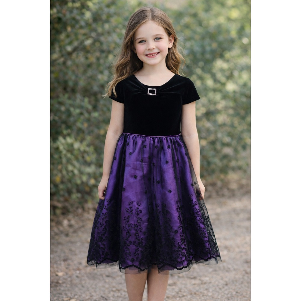 Jona‎ Michelle Girls Dress 8 Black Purple Velvet Whimsigoth Witchy Party Lace